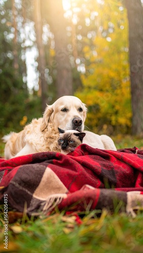 A golden retriever and a Siamese cat cuddle together on a red and brown plaid blanket in a forest with autumn leaves.