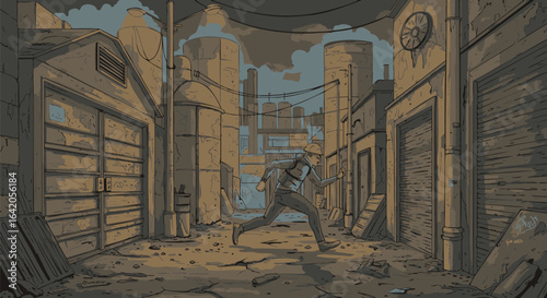 A dramatic comic-style illustration of a man running through a desolate industrial alley, with a gritty urban cityscape in the background.