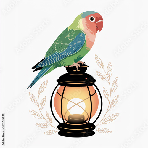 Glowing Lantern Lovebird Silhouette — Warm Colorful Pet Vector Illustration