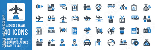 Airplane travel transportation airport services and passenger icons vector