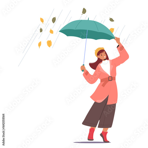 Fashion lady cartoon character in stylish autumn raincoat standing under umbrella isolated on white