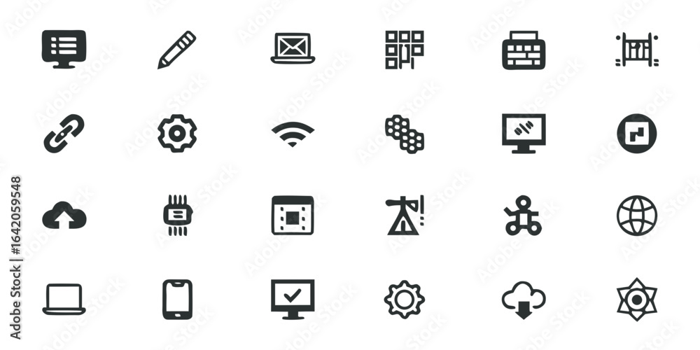 Fototapeta premium Monochrome Line Technology Icon Set – Coding, Web Development, Cloud Computing, and Digital Communication Vectors