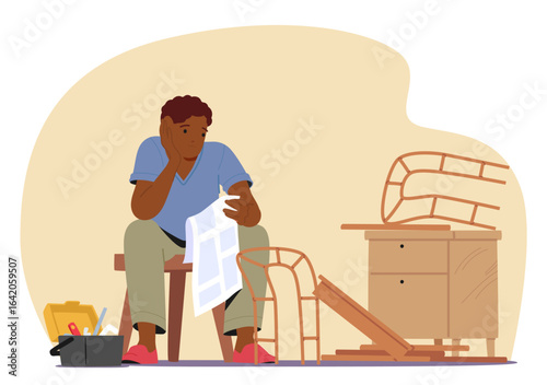 Puzzled man character trying to fix furniture looking at paper instruction with pensively scene