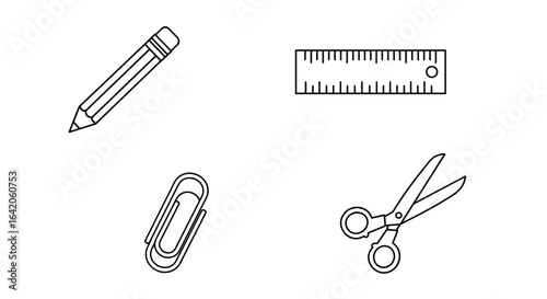 Stationery tools icons in outline style with copy space