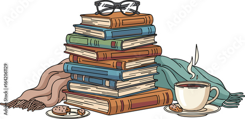 Cozy Reading Scene with Stack of Books, Glasses, and Coffee