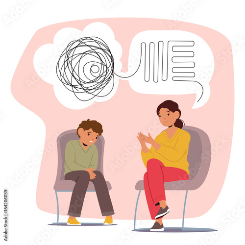 Professional woman psychologist helping frustrated boy child to overcome troubles cartoon scene
