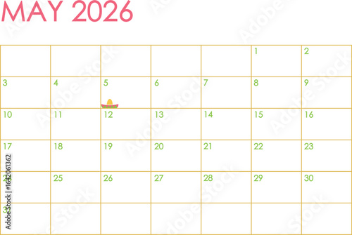 May 2026 month calendar - Sunday to Saturday format. Simple design in pink and yellow colors and a sombrero hat marking Cinco De Mayo Day on May 5th