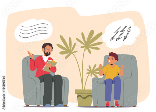 Professional psychiatrist helping boy child to cope with anger negative emotion cartoon scene