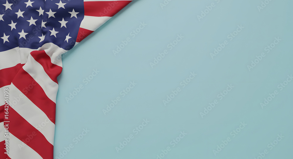 Obraz premium Patriotic American Flag Corner Design: Soft Blue Background, Copy Space, Festive and Elegant.