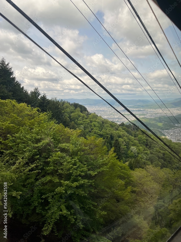 Obraz premium Mountain Cable Car View — Scenic Forest Hillside and City Landscape Under Cloudy Sky in Japan