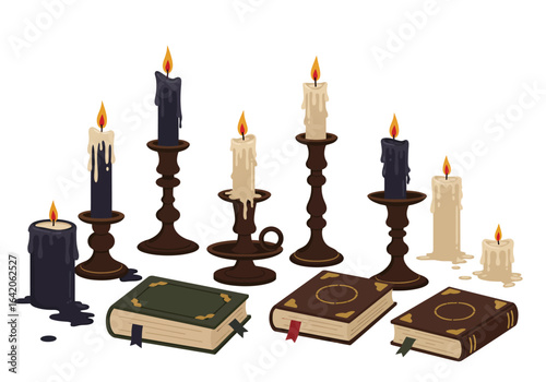 Illustration of Burning Candles in Holders and Antique Books