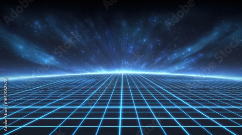 A 4K photo of retro 80s video game background with grid of blue light streaking in space.