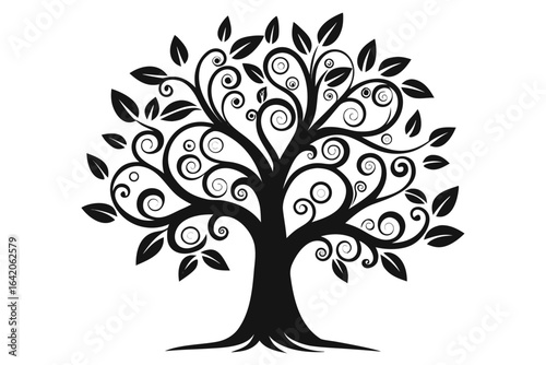 A decorative vector silhouette of a tree with lush leaves and visible roots, symbolizing nature's growth through the seasons