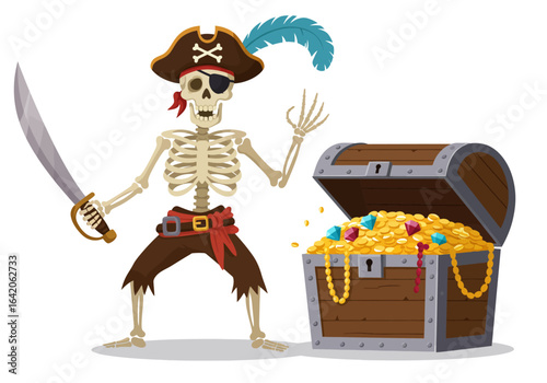 Cartoon Pirate Skeleton Guarding Treasure Chest with Sword and Gold