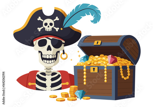 Cartoon Pirate Skeleton with Treasure Chest Illustration