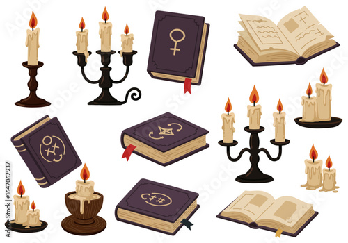 Assorted Candles and Spellbooks Illustration with Mystical Symbols and Lit Flames