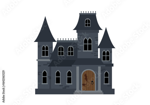 Spooky Haunted House with Turrets and Wooden Door Illustration