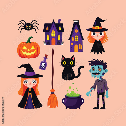 Halloween characters and objects including witches pumpkin spider zombie and haunted houses vector
