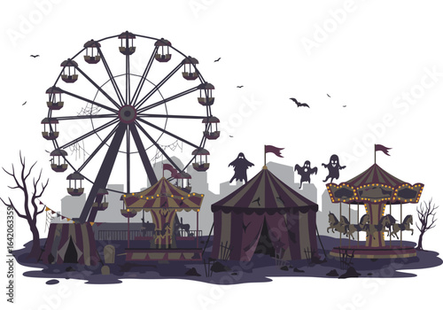 Spooky Halloween Carnival with Ferris Wheel and Carousel