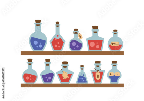 Colorful Potion Bottles on Shelves, Fantasy Illustration