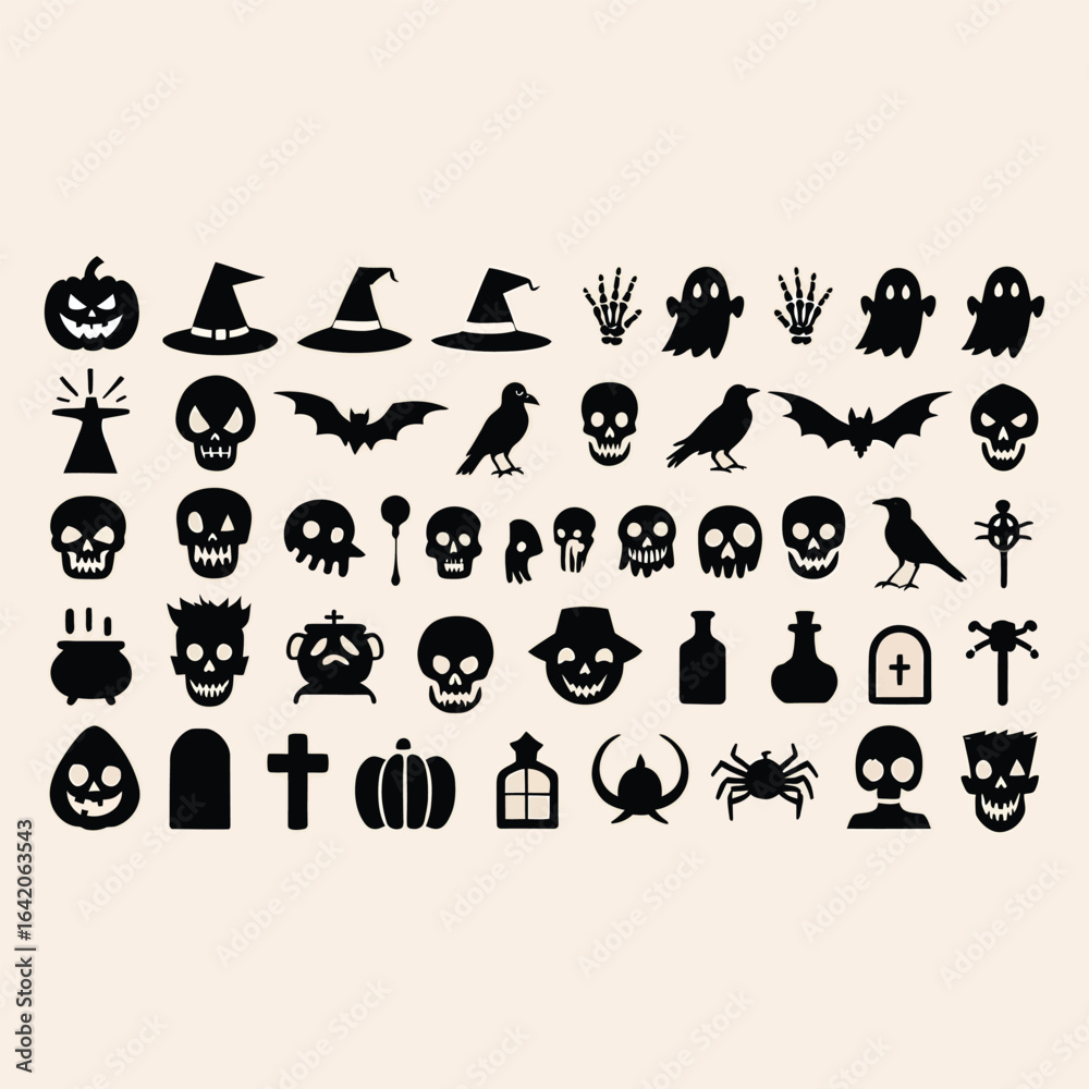 Obraz premium Halloween icons set black silhouettes on beige background vector