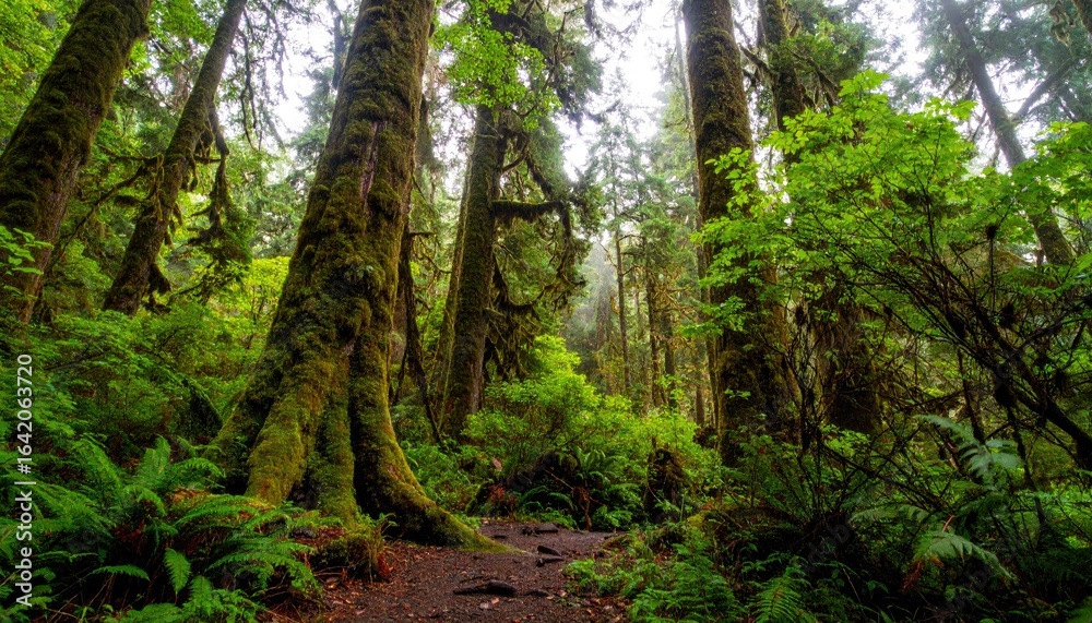Fototapeta premium A lush forest path winds through moss-covered trees and ferns.