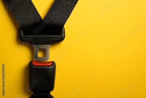 black nylon car seatbelt straps with steel latch and red button and yellow background