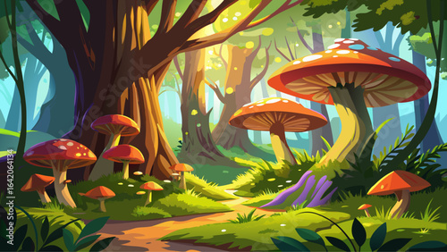 Mushrooms and vibrant moss thriving on large trees in a sunlit forest create a serene and enchanting natural landscape filled with life, color, and the quiet magic of untouched wilderness.