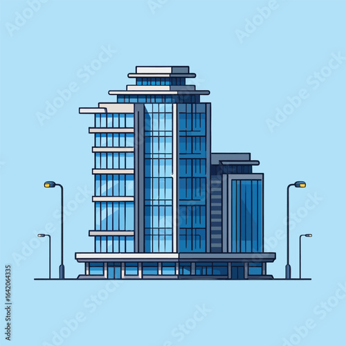 Modern blue glass office building with streetlights on light blue background architecture