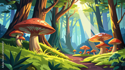 Mushrooms and vibrant moss thriving on large trees in a sunlit forest create a serene and enchanting natural landscape filled with life, color, and the quiet magic of untouched wilderness.