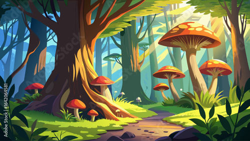Mushrooms and vibrant moss thriving on large trees in a sunlit forest create a serene and enchanting natural landscape filled with life, color, and the quiet magic of untouched wilderness.
