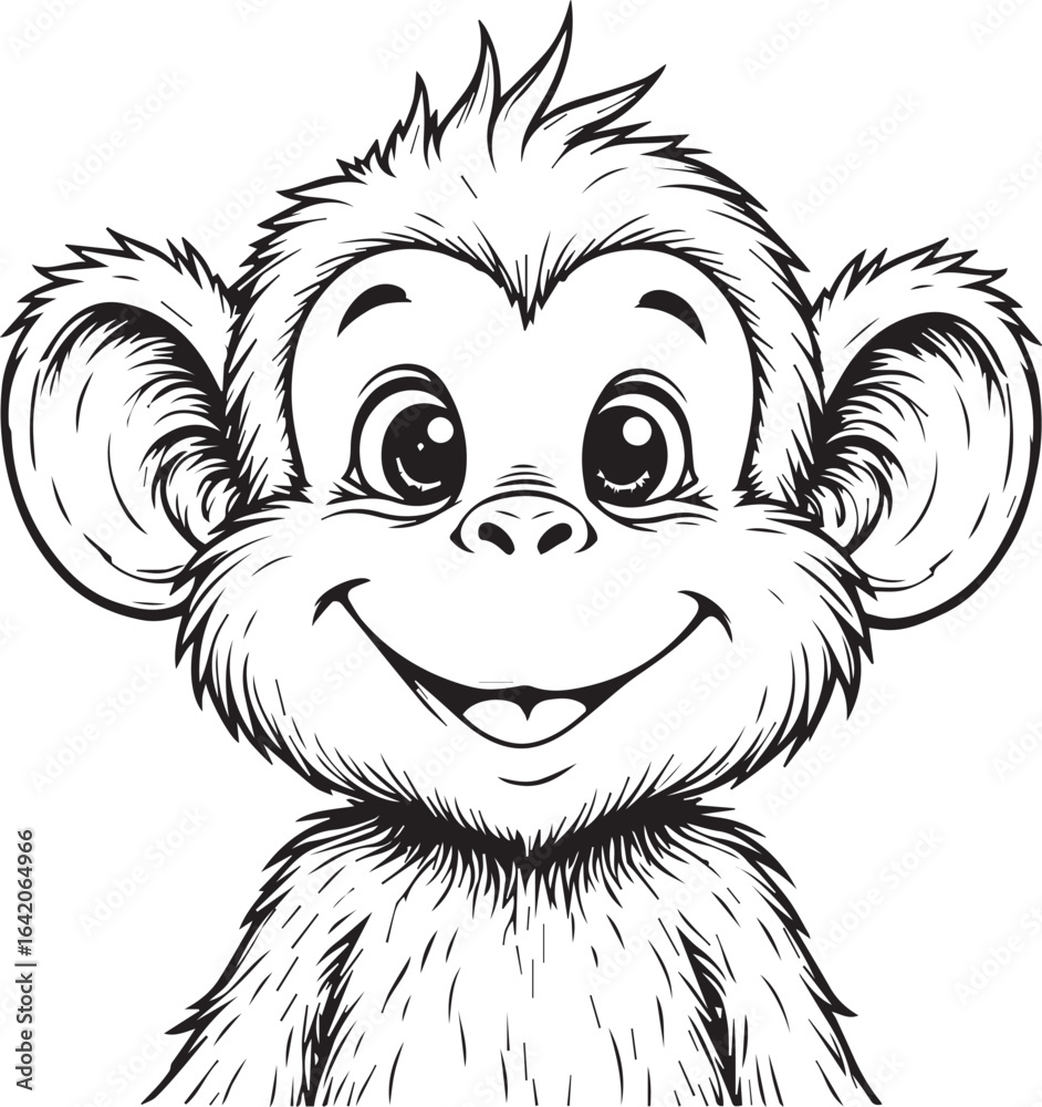 Fototapeta premium Cheerful Monkey Portrait: A charming black-and-white portrait of a smiling monkey, exuding playfulness and joy with detailed line art.