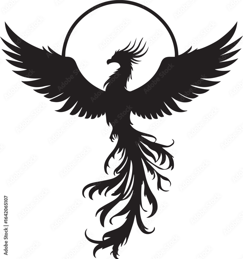 Fototapeta premium Phoenix Symbol: A striking black silhouette of a phoenix bird, rendered with intricate detail, set against a simple background, it encapsulates themes of rebirth and resilience.