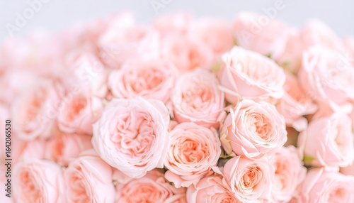 A close-up view of a bouquet of numerous pale pink garden roses.