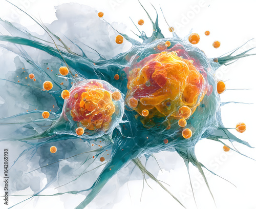 Abstract artistic visualization of cancer cells in vivid colors, showing spherical orange and red cell cores surrounded by translucent blue membranes and spiky extensions, microscopic biology concept,