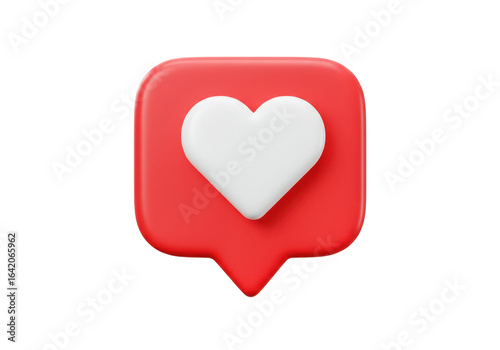 3D illustration of red speech bubble with white heart symbol representing likes and appreciation