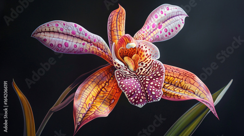 A detailed botanical illustration of a rare orchid