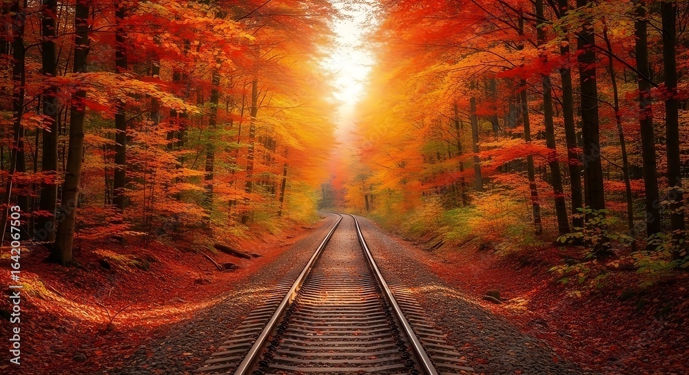 Naklejka premium Railroad track through a vibrant autumn forest with colorful foliage