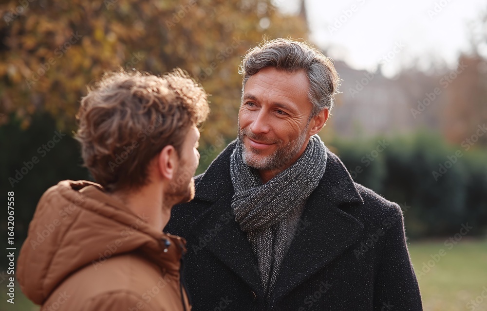 Obraz premium Two Caucasian Men Outdoor Conversation