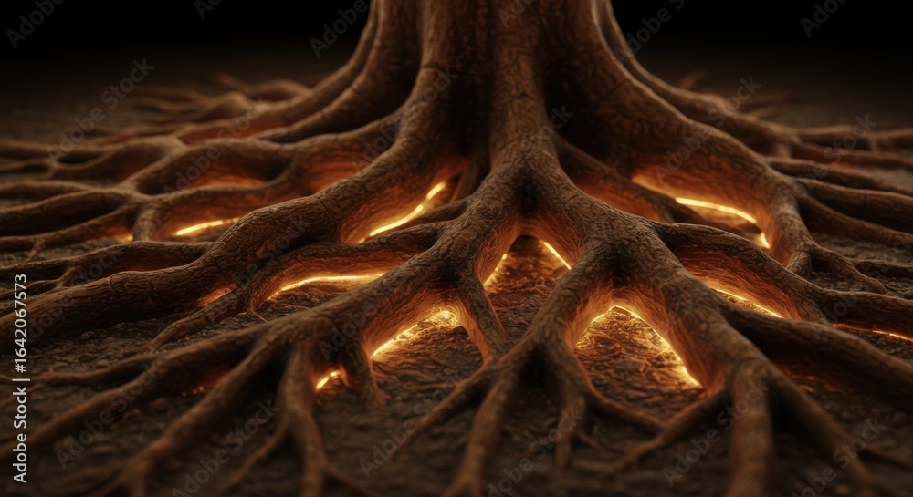 Obraz premium Mystical Root System: A close-up captures the intricate network of a tree's roots, radiating with an ethereal glow, suggesting hidden depths and the unseen connections of the natural world.