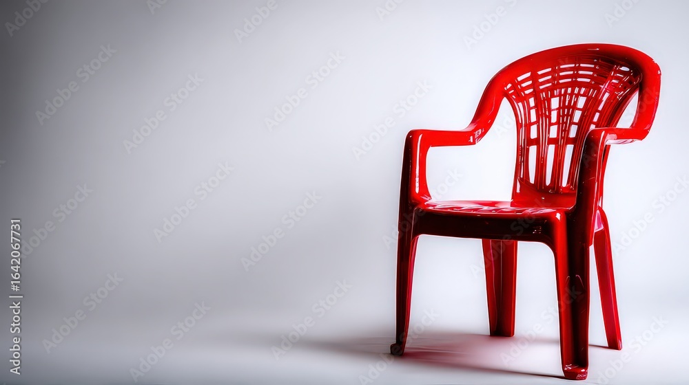Obraz premium A vibrant red plastic chair stands against a neutral background, showcasing its modern design, This photo is ideal for interior design projects, furniture catalogs, or promotional materials,