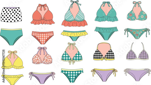 A collection of various bikini designs with different patterns and styles on a pink background art