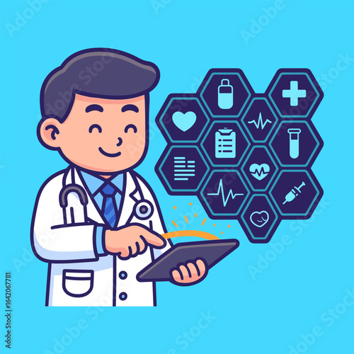 Cute Cartoon Doctor Using Digital Tablet with Medical Icons Vector Illustration