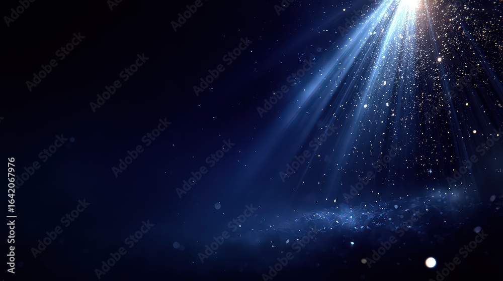 Fototapeta premium A captivating image featuring ethereal blue rays of light piercing through a dark background, filled with soft particles and sparkles, Ideal for projects related to magic, fantasy, or inspiration,