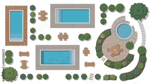 Overhead View of Landscaping Plans with Pools Trees and Patio Furniture Design Concept for Outdoor Living Spaces and Garden Architecture