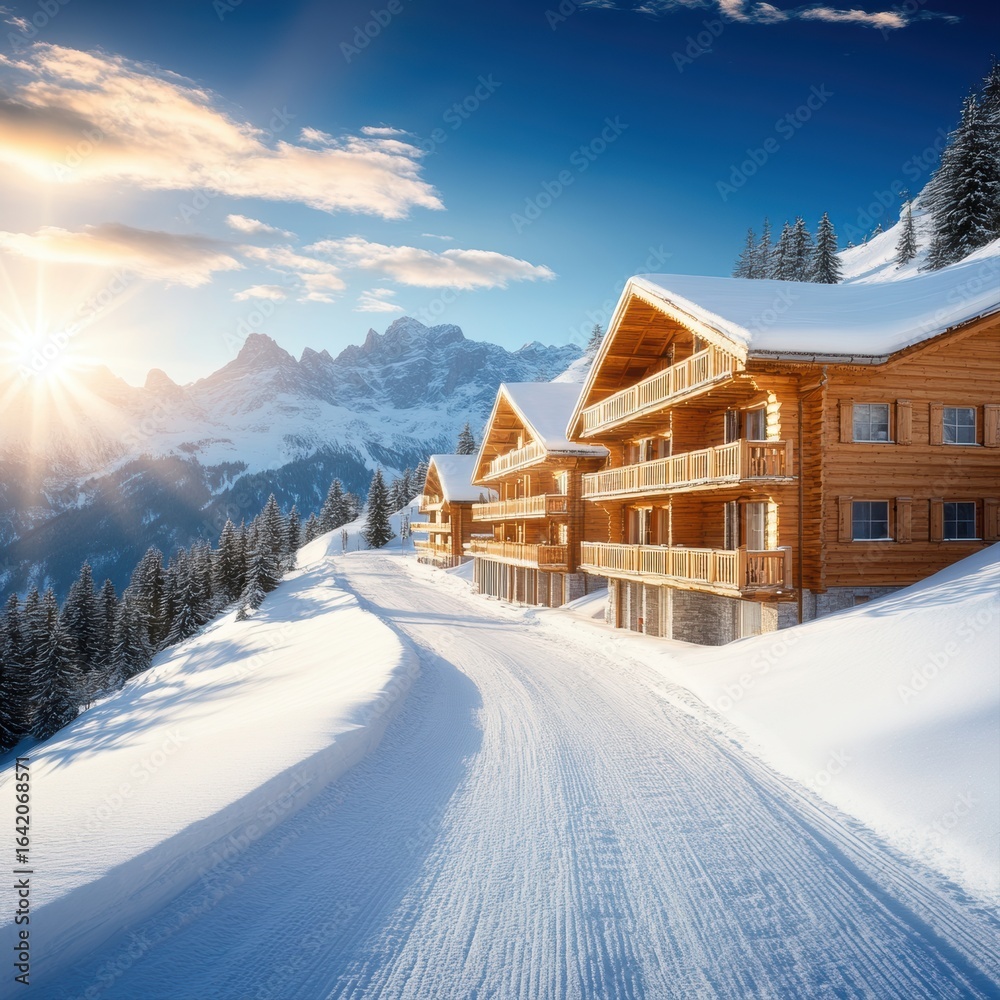 Fototapeta premium A picturesque mountain retreat featuring cozy wooden chalets amidst a snowy landscape and towering peaks, ideal for promoting winter getaways, cozy lodging, or outdoor adventures,