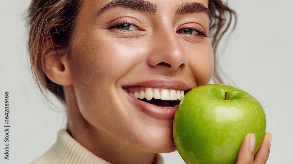 A smiling woman with a green apple, showcasing healthy teeth and lifestyle choices. A smiling woman with a green apple, showcasing healthy teeth and lifestyle choices.