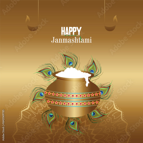 An elegant and sophisticated Janmashtami graphic featuring a golden Dahi Handi pot with makhan, adorned with peacock feathers. The rich color palette and festive elements make it perfect for greetings