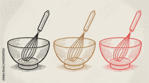 Retro Kitchen Utensils Featuring Wire Whisks and Glass Bowls in Various Colors Baking and Cooking Concept Illustration