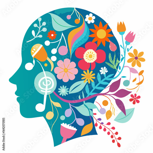 Human Head Silhouette with Musical Notes and Flowers for Mental Wellness